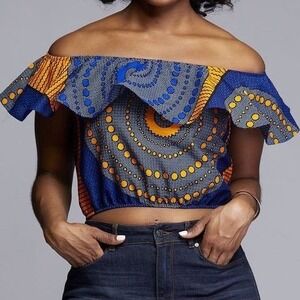 D'Iyanu Womens African Print Off Shoulder Ruffle Crop Top Blue Yellow Cotton L